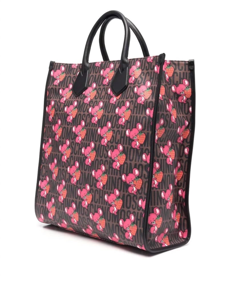 Front of a size O/S Strawberry Mouse Tote Bag in Brown in Brown by MOSCHINO. | dia_product_style_image_id:330726